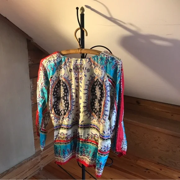 Johnny Was Sundance Red Blue Beige Silk 3/4 Peasant Top, EUC, S - Picture 9 of 12